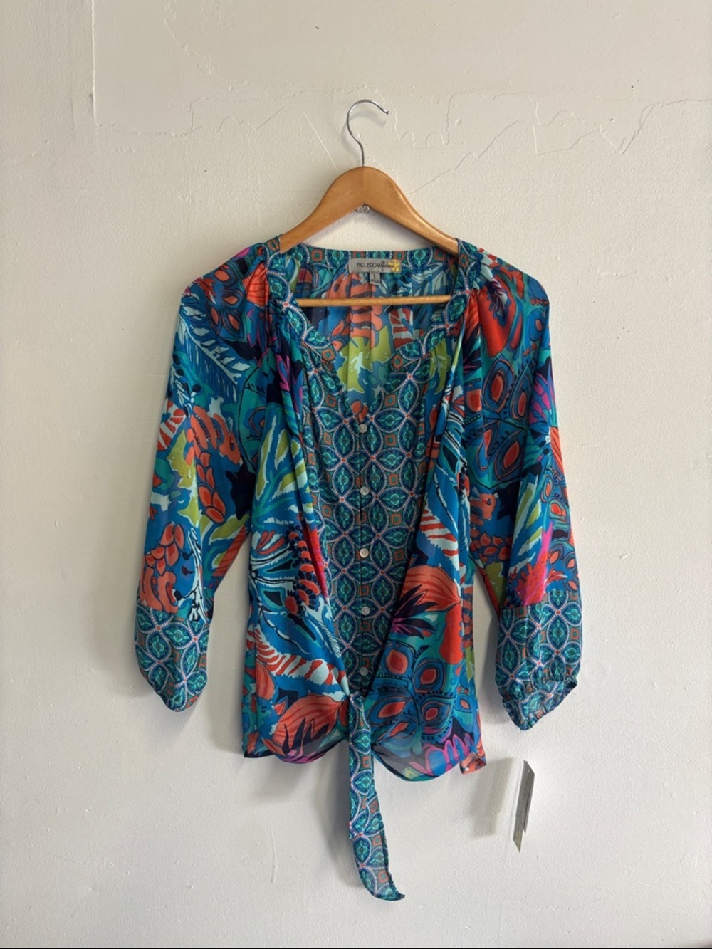 Fig & Figueroa Colorful Floral Tie-Front Blouse - Blue Multi